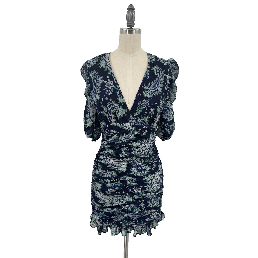 Zara Mini Dress Ruched Blue Floral Paisley Print Feminine Coquette Size S
